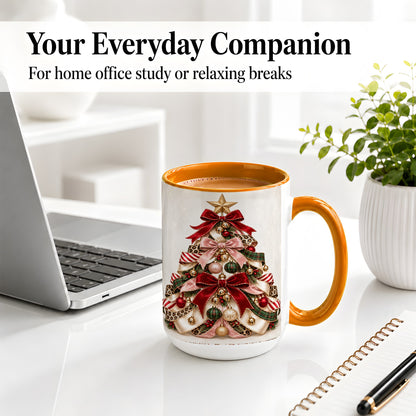 #pl[15oz|Orange] Ribbon Christmas Tree Ceramic Mug, Festive Ornament Artwork