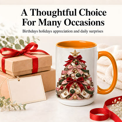 #pl[15oz|Orange] Ribbon Christmas Tree Ceramic Mug, Festive Ornament Artwork
