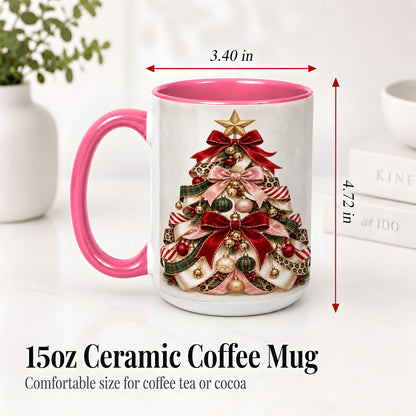 #pl[15oz|Pink] Ribbon Christmas Tree Ceramic Mug, Festive Ornament Artwork
