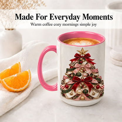 #pl[15oz|Pink] Ribbon Christmas Tree Ceramic Mug, Festive Ornament Artwork