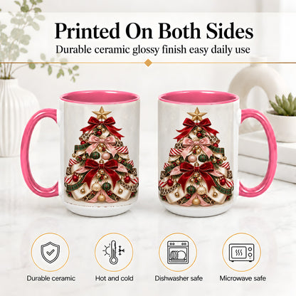 #pl[15oz|Pink] Ribbon Christmas Tree Ceramic Mug, Festive Ornament Artwork
