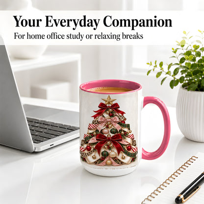 #pl[15oz|Pink] Ribbon Christmas Tree Ceramic Mug, Festive Ornament Artwork