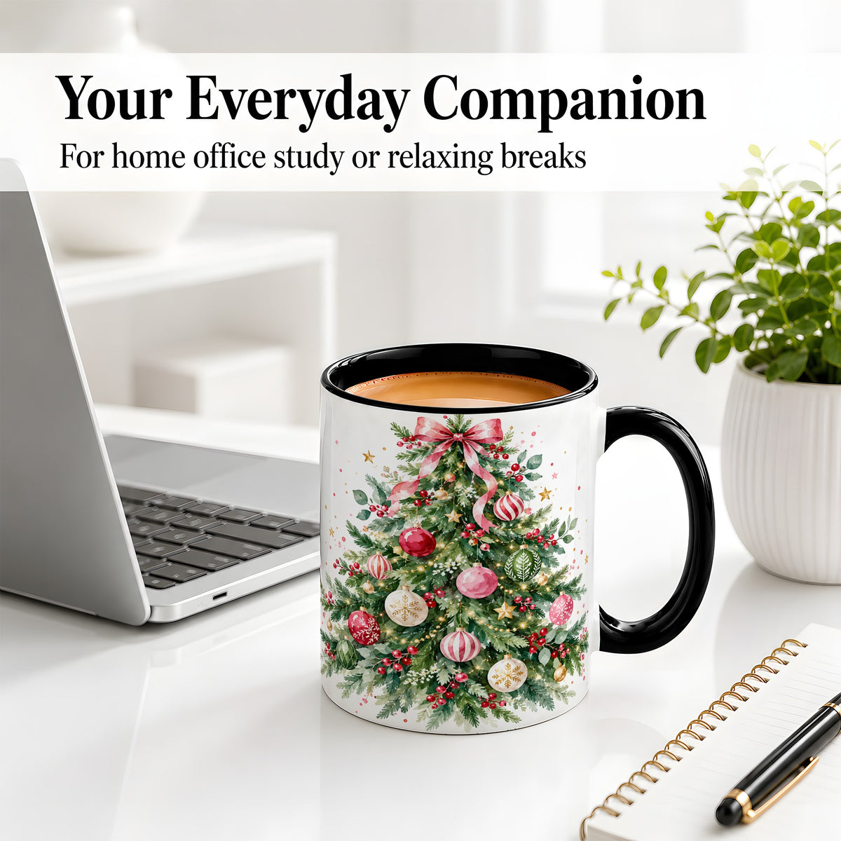 #pl[11oz|Black] Watercolor Christmas Tree Ceramic Mug, Pink Bow Holiday Artwork