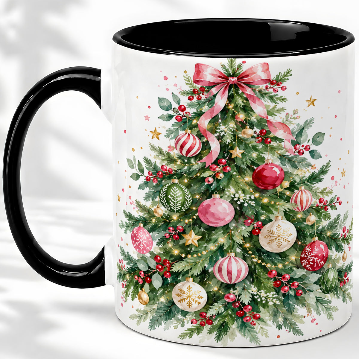 #pl[11oz|Black] Watercolor Christmas Tree Ceramic Mug, Pink Bow Holiday Artwork