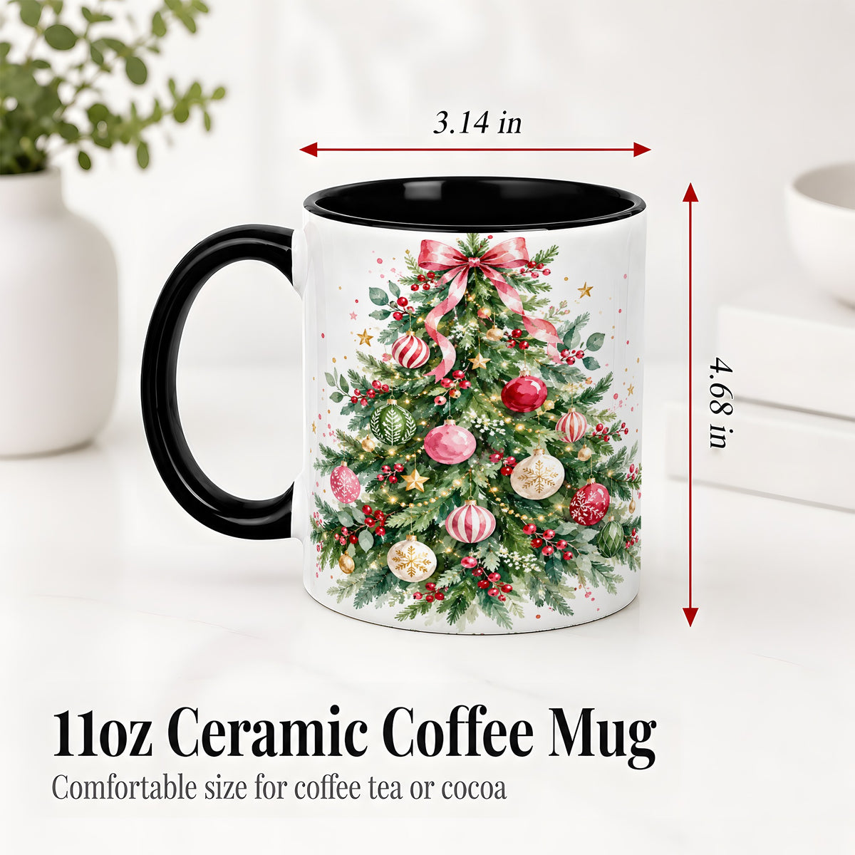 #pl[11oz|Black] Watercolor Christmas Tree Ceramic Mug, Pink Bow Holiday Artwork