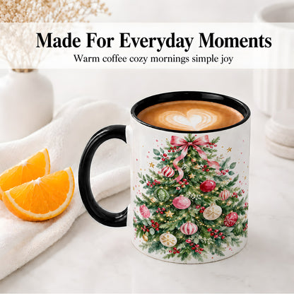 #pl[11oz|Black] Watercolor Christmas Tree Ceramic Mug, Pink Bow Holiday Artwork