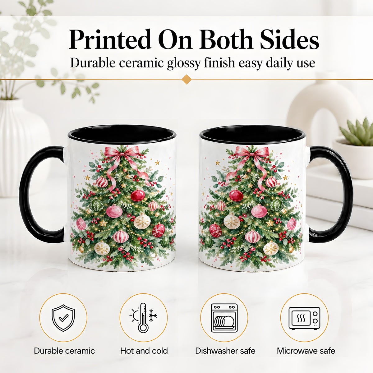 #pl[11oz|Black] Watercolor Christmas Tree Ceramic Mug, Pink Bow Holiday Artwork