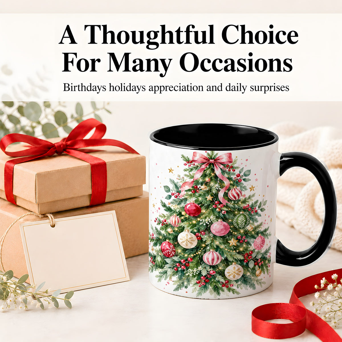 #pl[11oz|Black] Watercolor Christmas Tree Ceramic Mug, Pink Bow Holiday Artwork