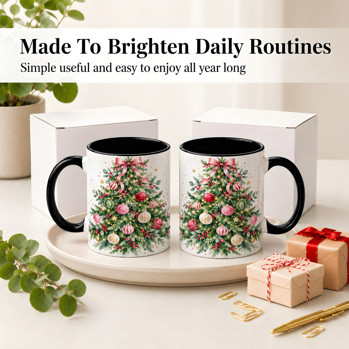 #pl[11oz|Black] Watercolor Christmas Tree Ceramic Mug, Pink Bow Holiday Artwork