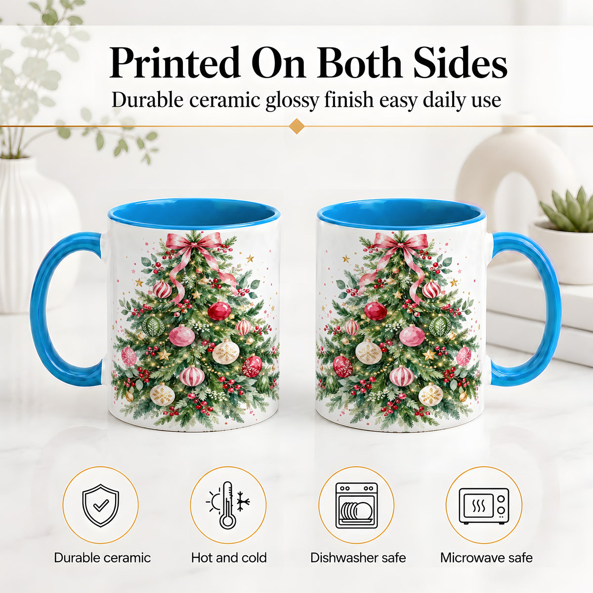 #pl[11oz|Blue] Watercolor Christmas Tree Ceramic Mug, Pink Bow Holiday Artwork