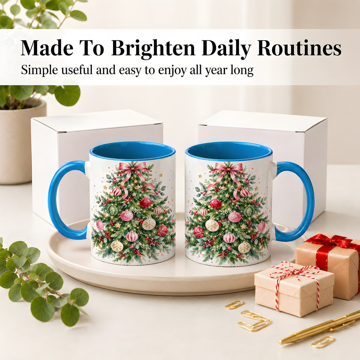 #pl[11oz|Blue] Watercolor Christmas Tree Ceramic Mug, Pink Bow Holiday Artwork