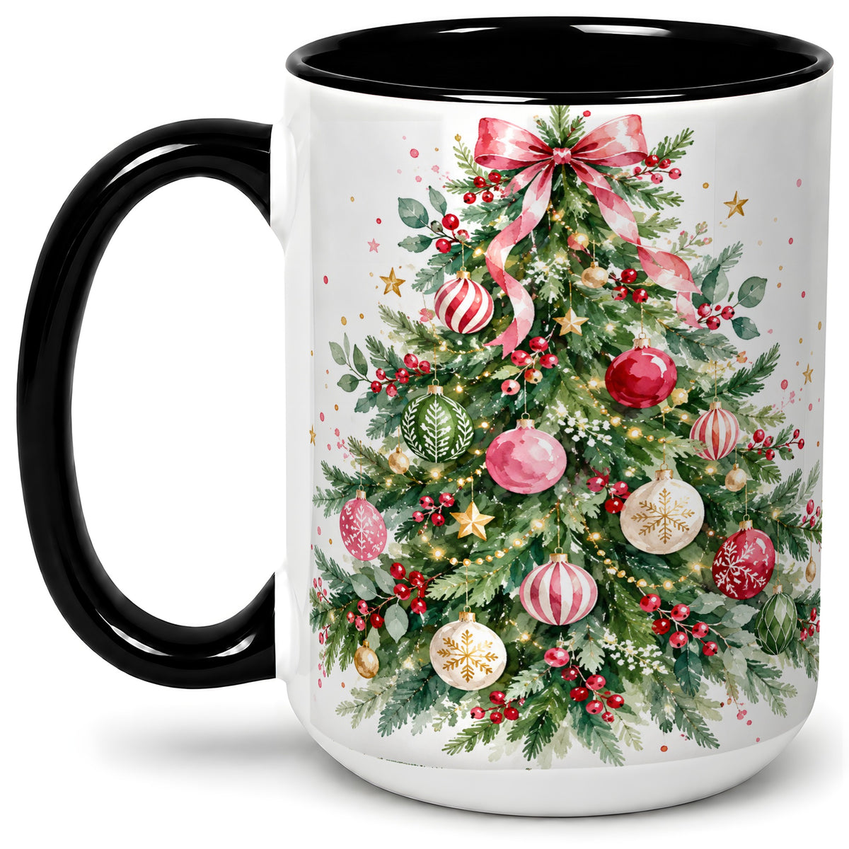 #pl[15oz|Black] Watercolor Christmas Tree Ceramic Mug, Pink Bow Holiday Artwork