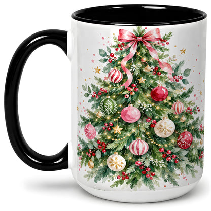 #pl[15oz|Black] Watercolor Christmas Tree Ceramic Mug, Pink Bow Holiday Artwork
