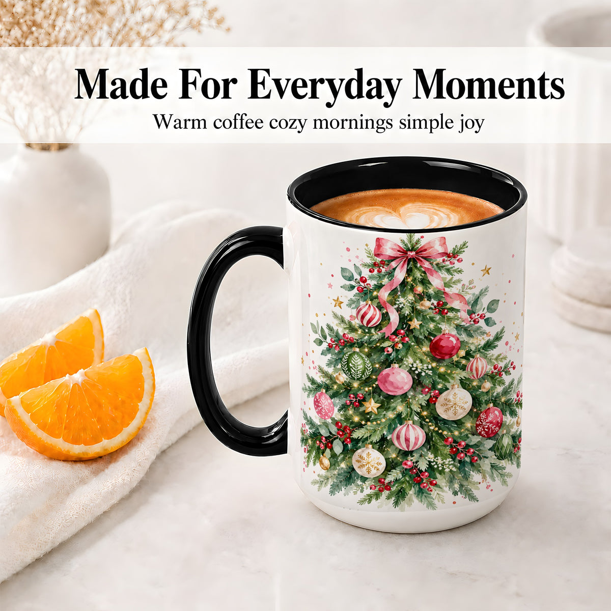 #pl[15oz|Black] Watercolor Christmas Tree Ceramic Mug, Pink Bow Holiday Artwork