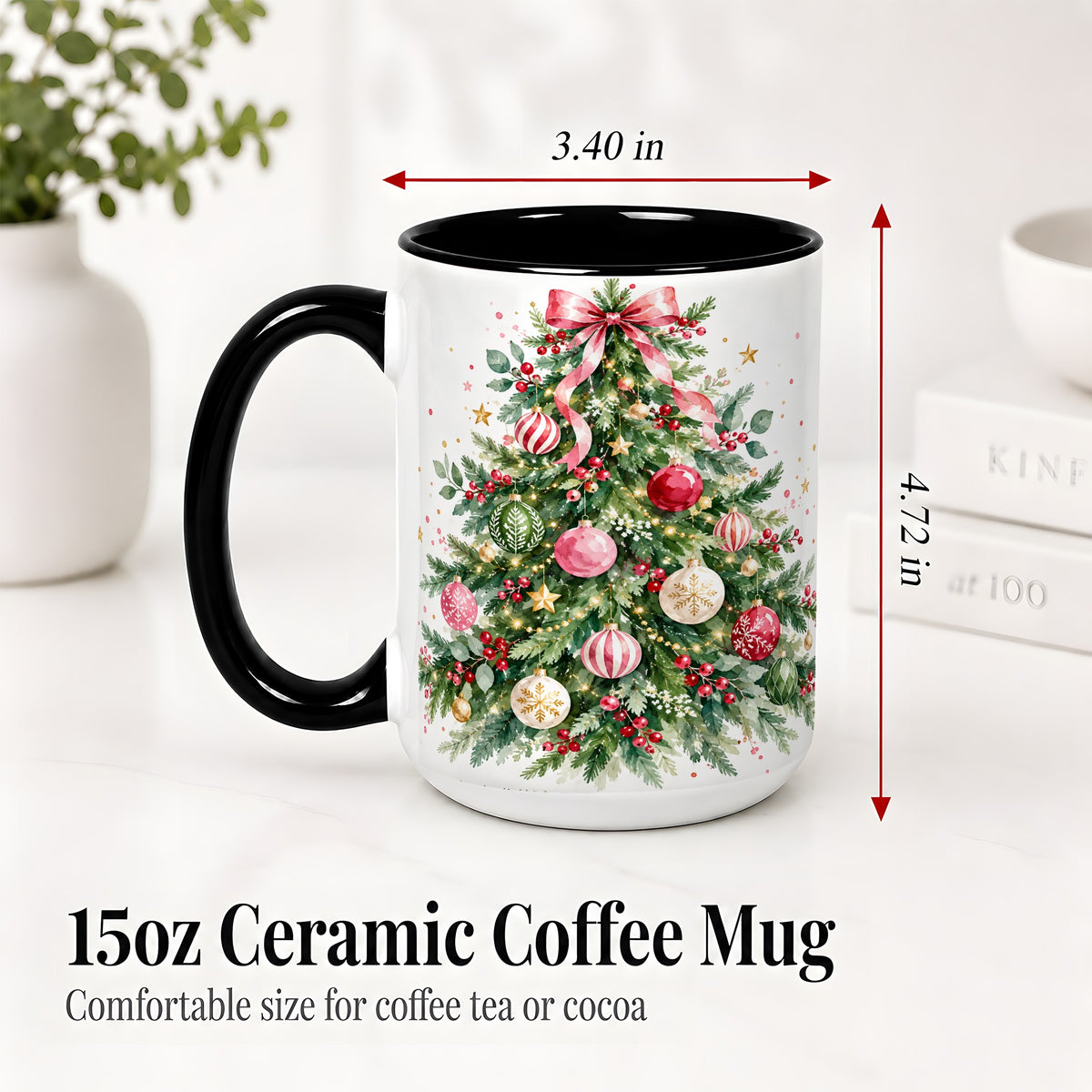 #pl[15oz|Black] Watercolor Christmas Tree Ceramic Mug, Pink Bow Holiday Artwork
