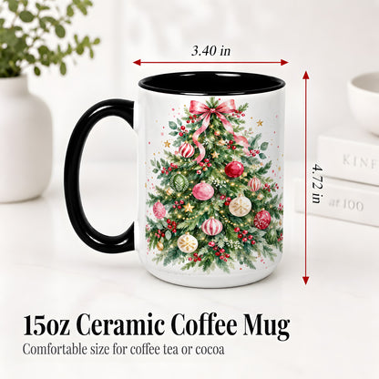#pl[15oz|Black] Watercolor Christmas Tree Ceramic Mug, Pink Bow Holiday Artwork