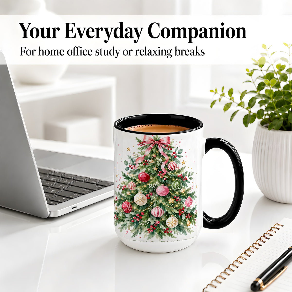 #pl[15oz|Black] Watercolor Christmas Tree Ceramic Mug, Pink Bow Holiday Artwork