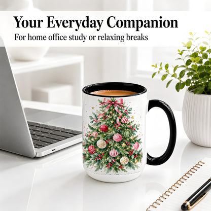 #pl[15oz|Black] Watercolor Christmas Tree Ceramic Mug, Pink Bow Holiday Artwork