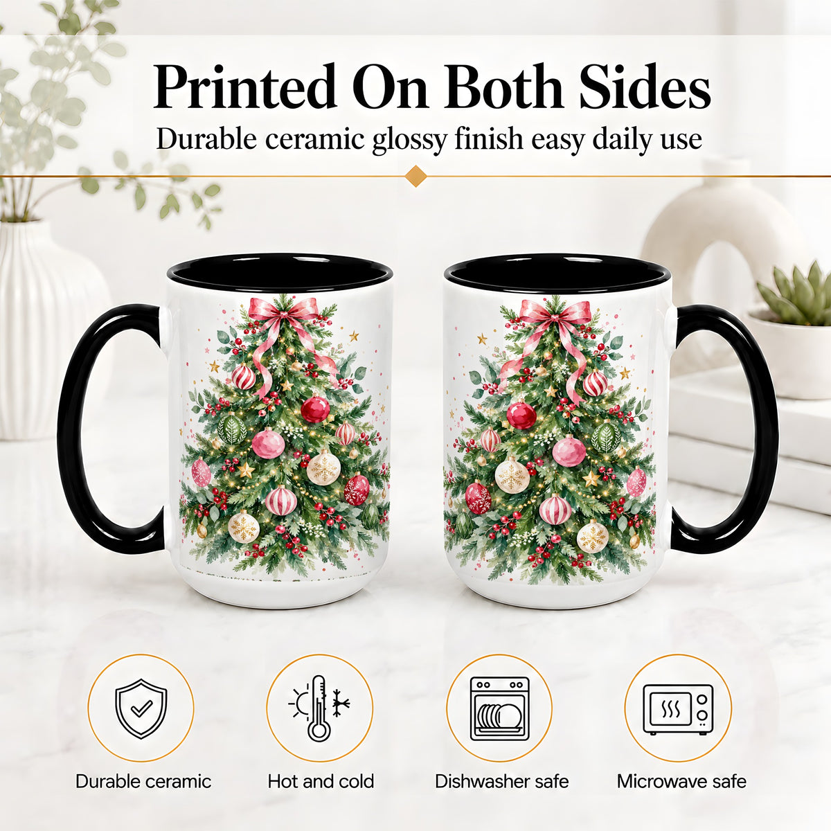 #pl[15oz|Black] Watercolor Christmas Tree Ceramic Mug, Pink Bow Holiday Artwork