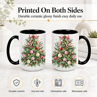 #pl[15oz|Black] Watercolor Christmas Tree Ceramic Mug, Pink Bow Holiday Artwork