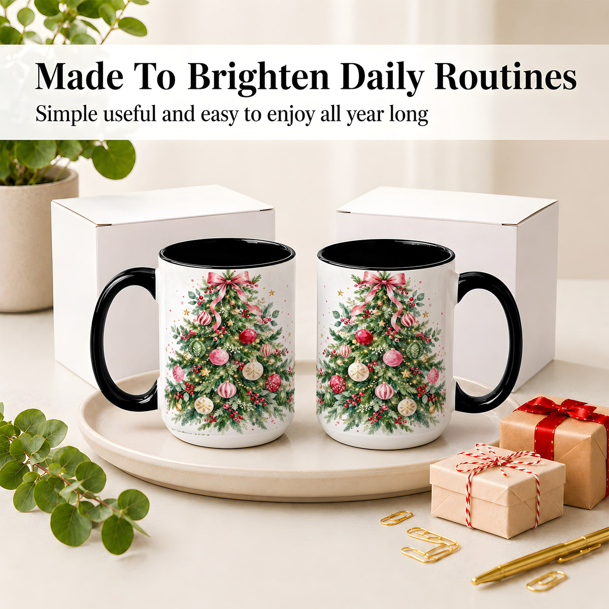 #pl[15oz|Black] Watercolor Christmas Tree Ceramic Mug, Pink Bow Holiday Artwork