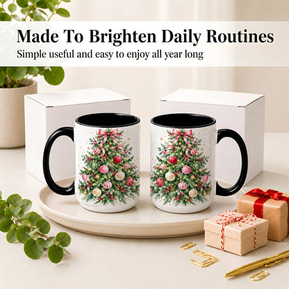 #pl[15oz|Black] Watercolor Christmas Tree Ceramic Mug, Pink Bow Holiday Artwork