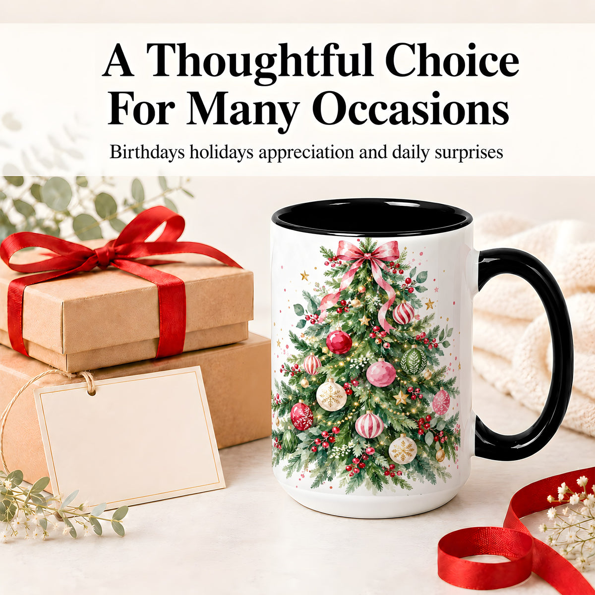 #pl[15oz|Black] Watercolor Christmas Tree Ceramic Mug, Pink Bow Holiday Artwork
