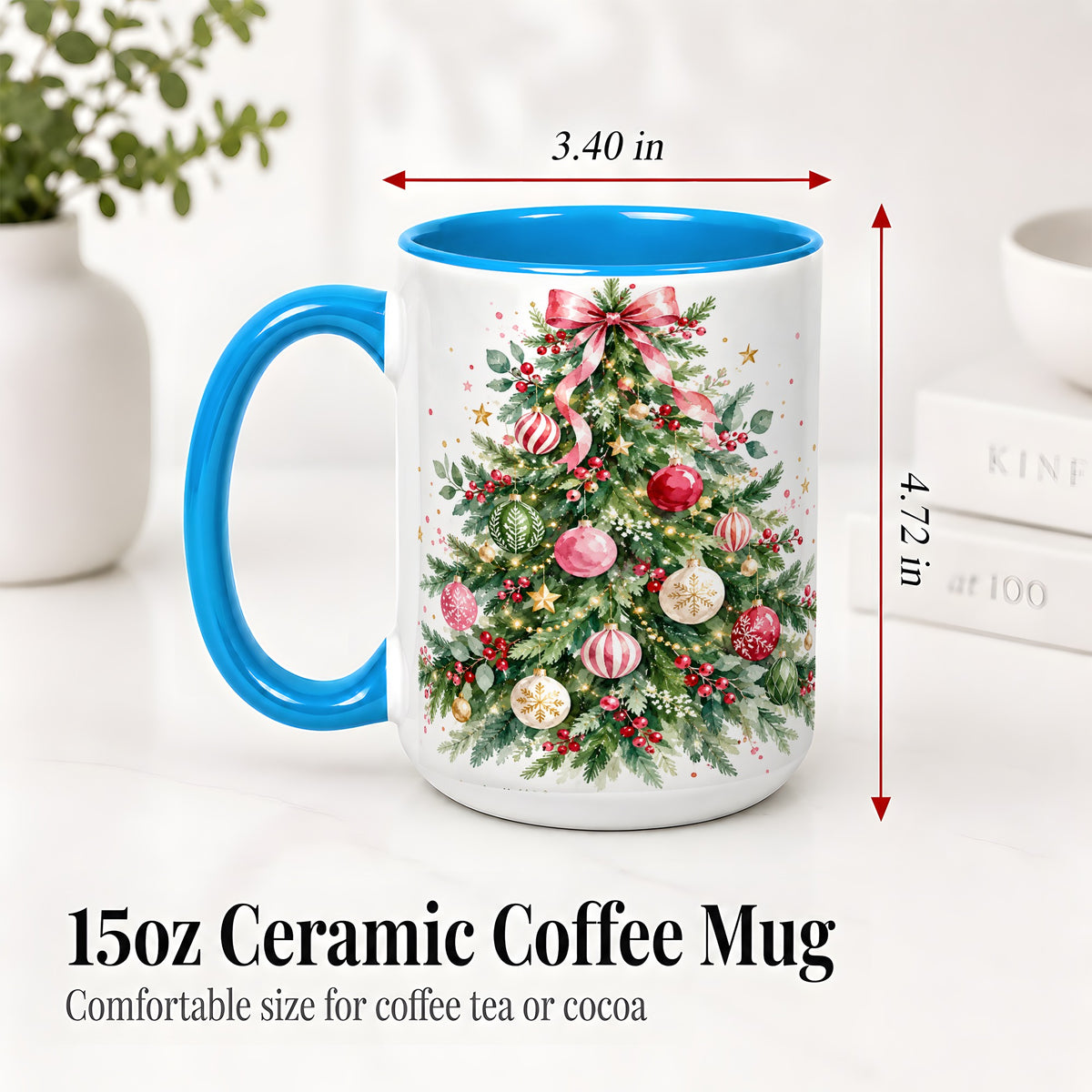 #pl[15oz|Blue] Watercolor Christmas Tree Ceramic Mug, Pink Bow Holiday Artwork