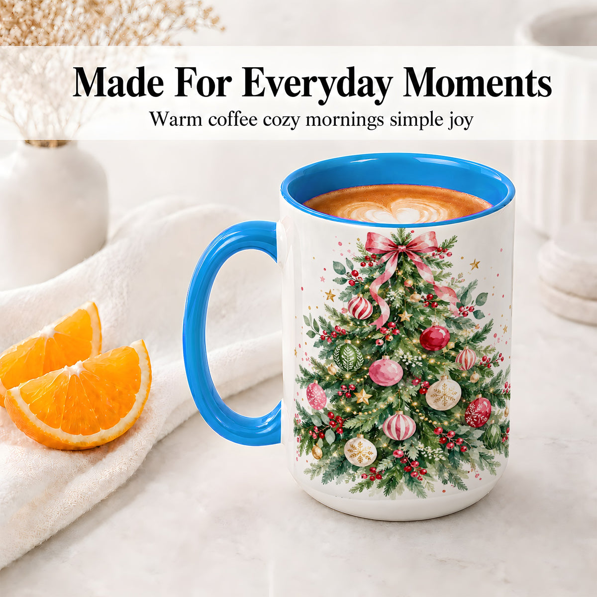 #pl[15oz|Blue] Watercolor Christmas Tree Ceramic Mug, Pink Bow Holiday Artwork