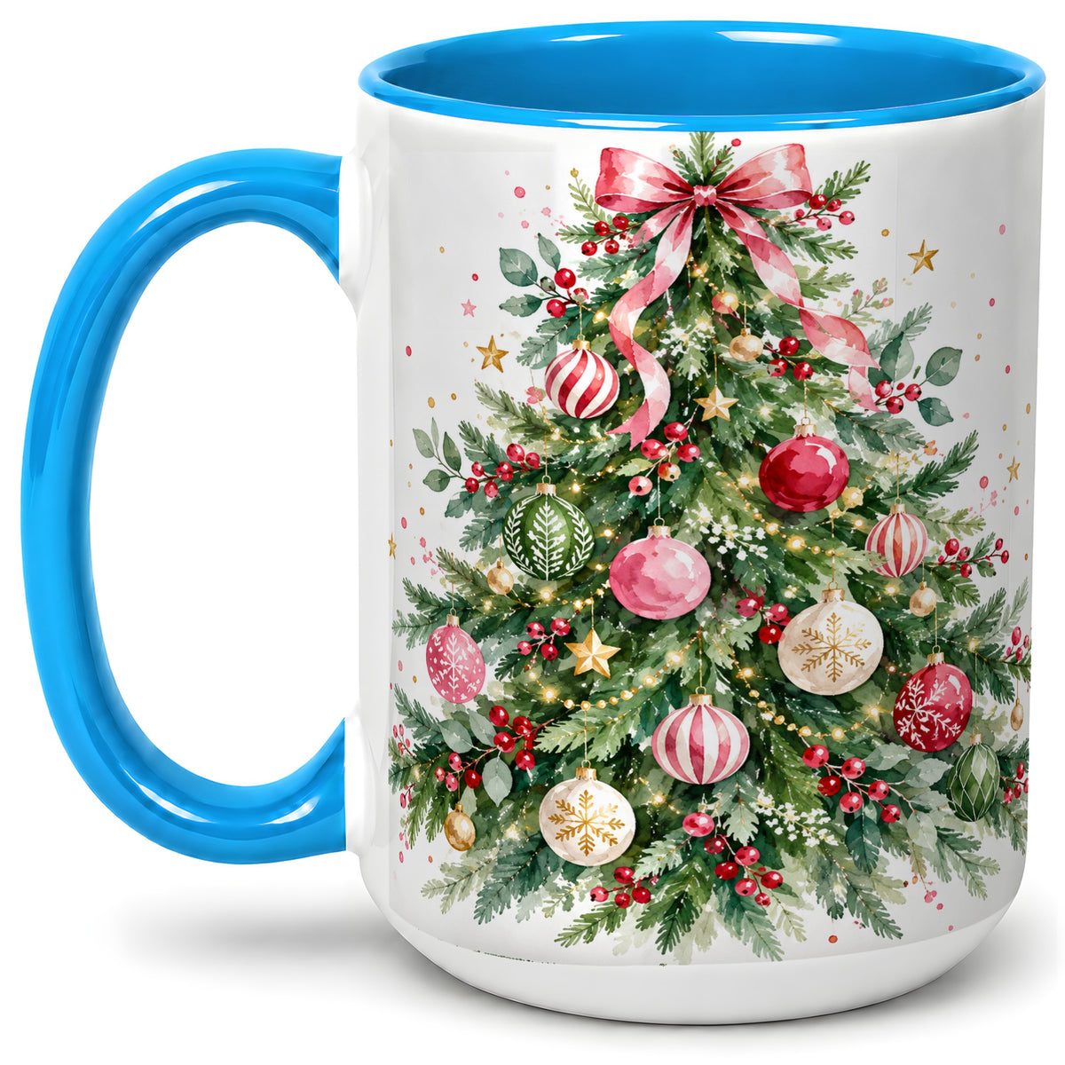 #pl[15oz|Blue] Watercolor Christmas Tree Ceramic Mug, Pink Bow Holiday Artwork