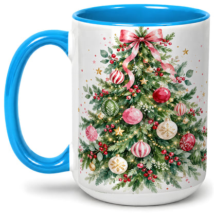 #pl[15oz|Blue] Watercolor Christmas Tree Ceramic Mug, Pink Bow Holiday Artwork