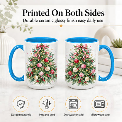 #pl[15oz|Blue] Watercolor Christmas Tree Ceramic Mug, Pink Bow Holiday Artwork