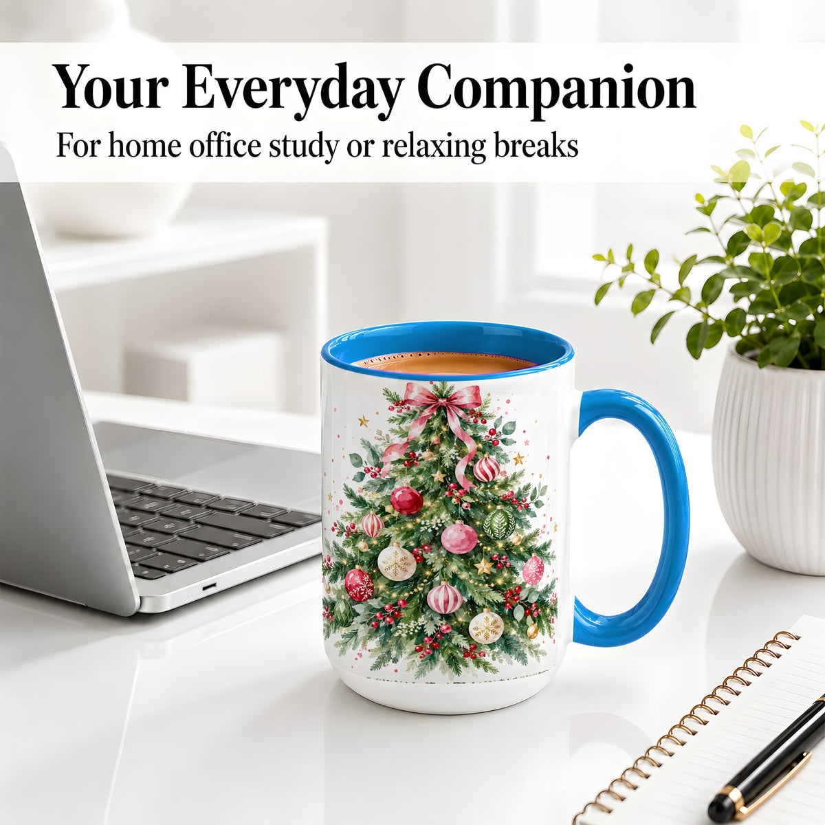 #pl[15oz|Blue] Watercolor Christmas Tree Ceramic Mug, Pink Bow Holiday Artwork