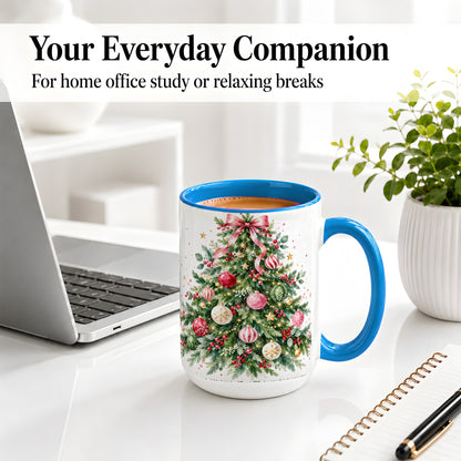 #pl[15oz|Blue] Watercolor Christmas Tree Ceramic Mug, Pink Bow Holiday Artwork