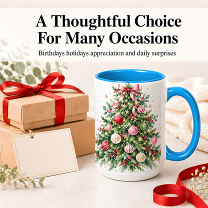 #pl[15oz|Blue] Watercolor Christmas Tree Ceramic Mug, Pink Bow Holiday Artwork