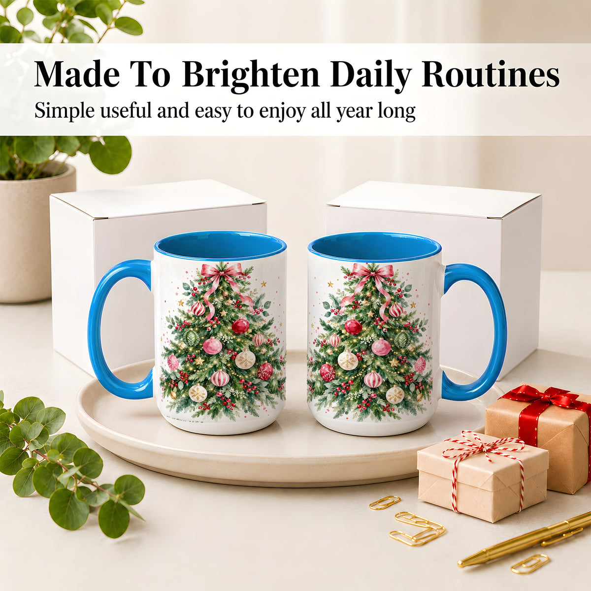 #pl[15oz|Blue] Watercolor Christmas Tree Ceramic Mug, Pink Bow Holiday Artwork