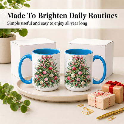 #pl[15oz|Blue] Watercolor Christmas Tree Ceramic Mug, Pink Bow Holiday Artwork