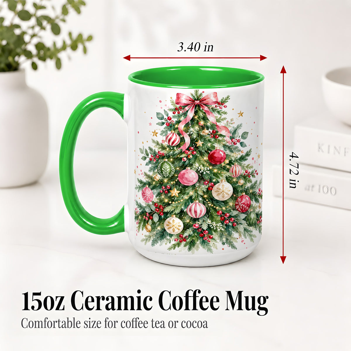 #pl[15oz|Green] Watercolor Christmas Tree Ceramic Mug, Pink Bow Holiday Artwork