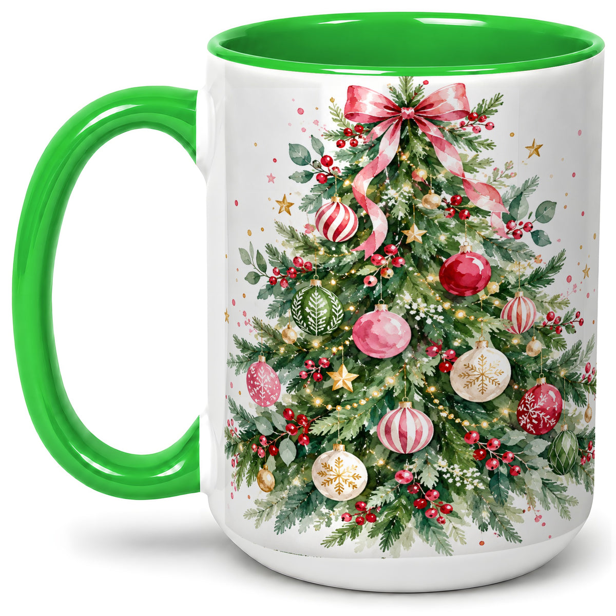 #pl[15oz|Green] Watercolor Christmas Tree Ceramic Mug, Pink Bow Holiday Artwork