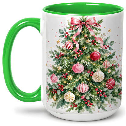 #pl[15oz|Green] Watercolor Christmas Tree Ceramic Mug, Pink Bow Holiday Artwork