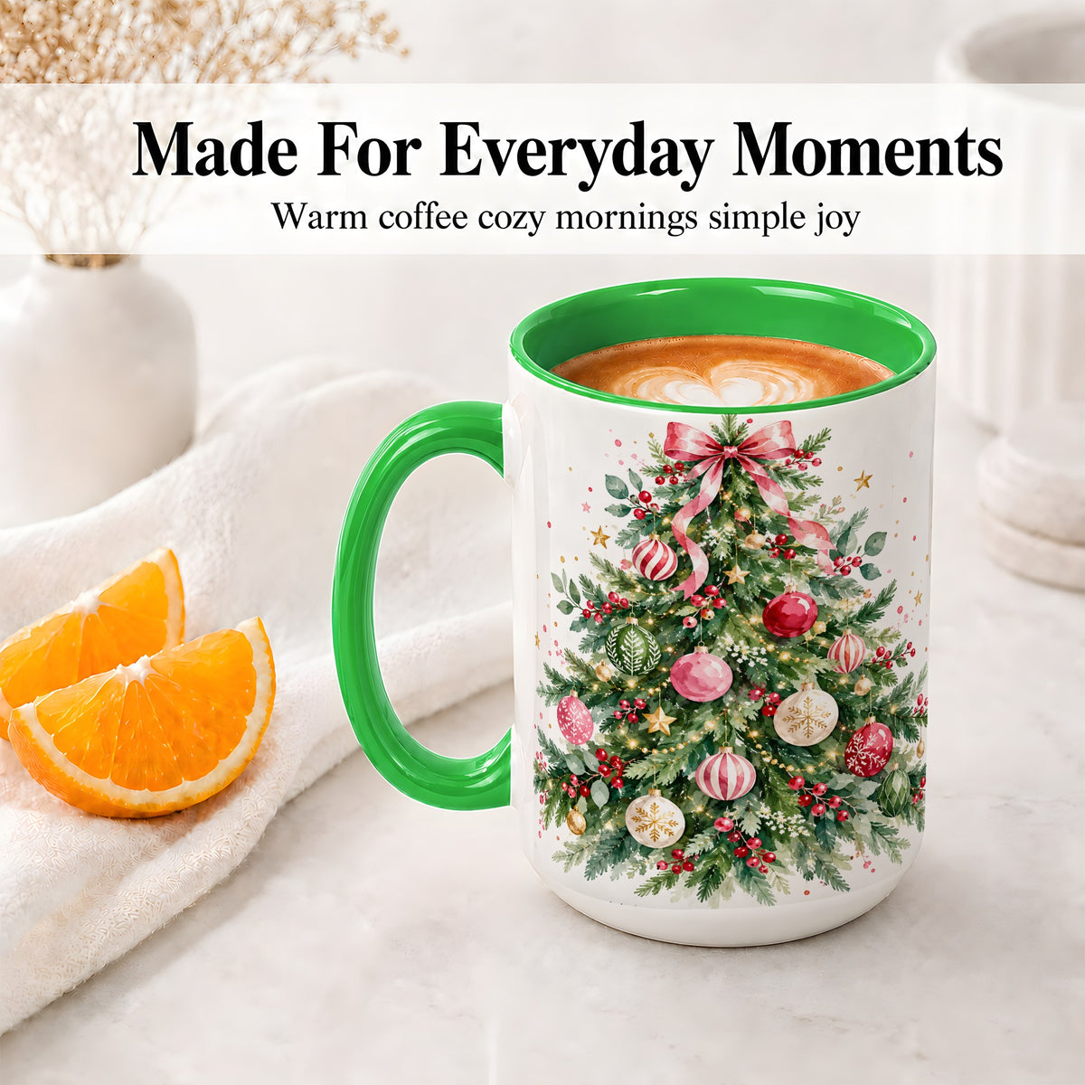 #pl[15oz|Green] Watercolor Christmas Tree Ceramic Mug, Pink Bow Holiday Artwork