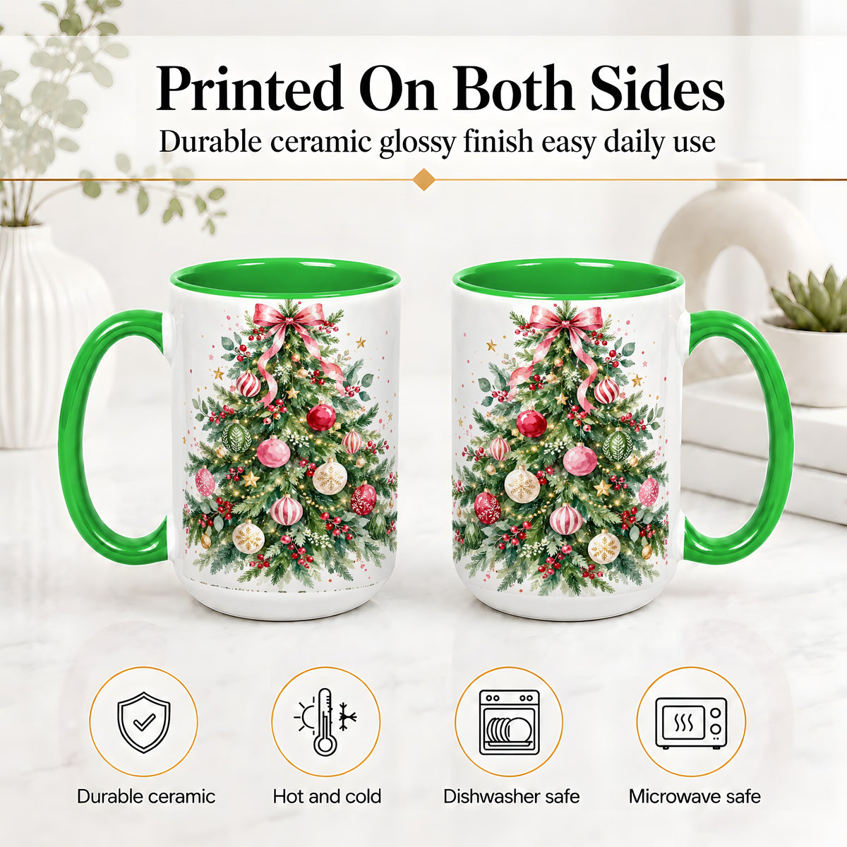 #pl[15oz|Green] Watercolor Christmas Tree Ceramic Mug, Pink Bow Holiday Artwork