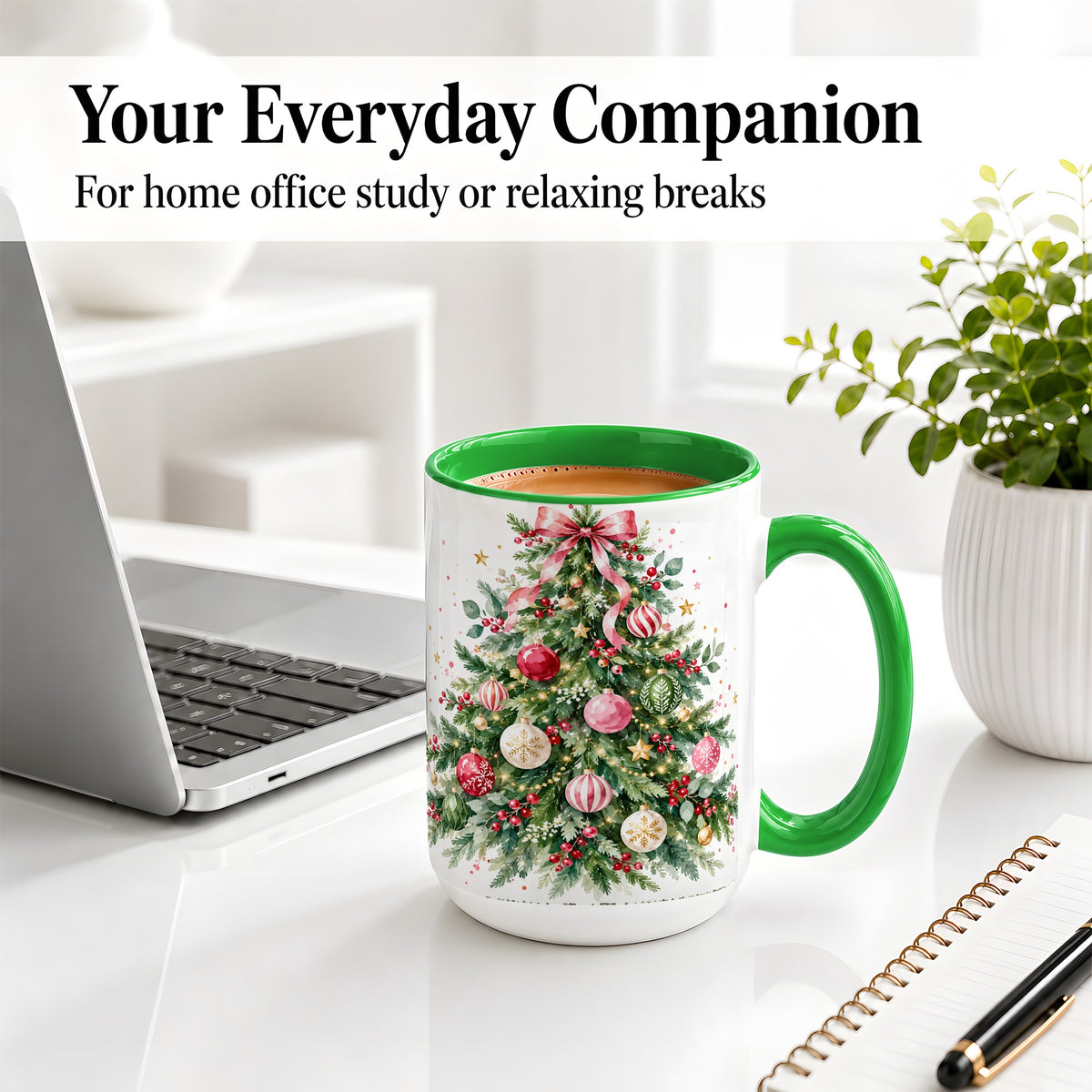 #pl[15oz|Green] Watercolor Christmas Tree Ceramic Mug, Pink Bow Holiday Artwork