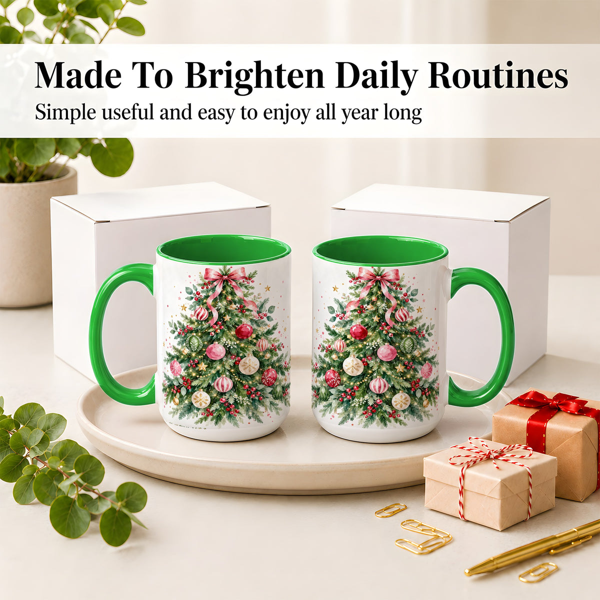 #pl[15oz|Green] Watercolor Christmas Tree Ceramic Mug, Pink Bow Holiday Artwork