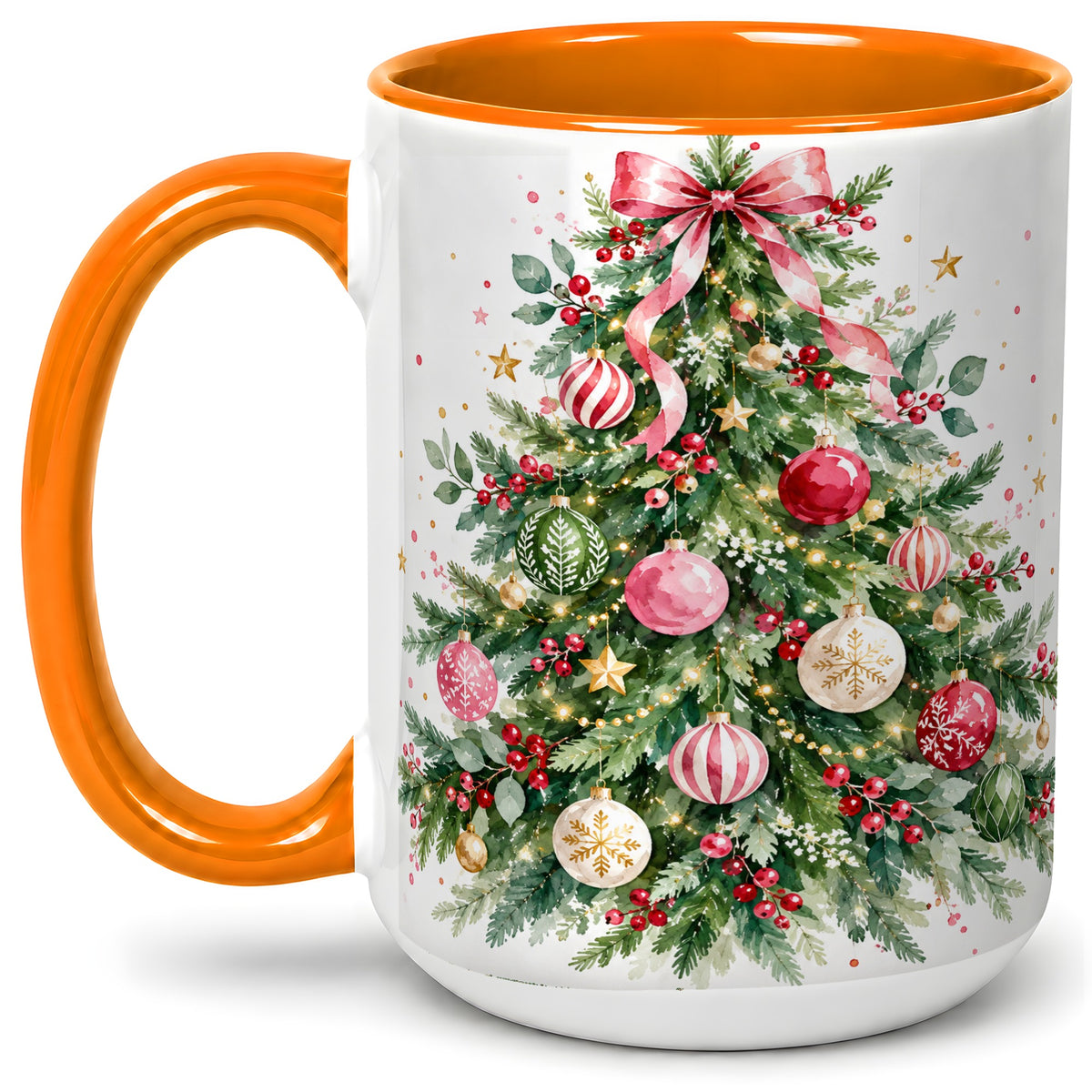 #pl[15oz|Orange] Watercolor Christmas Tree Ceramic Mug, Pink Bow Holiday Artwork