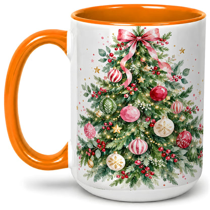 #pl[15oz|Orange] Watercolor Christmas Tree Ceramic Mug, Pink Bow Holiday Artwork