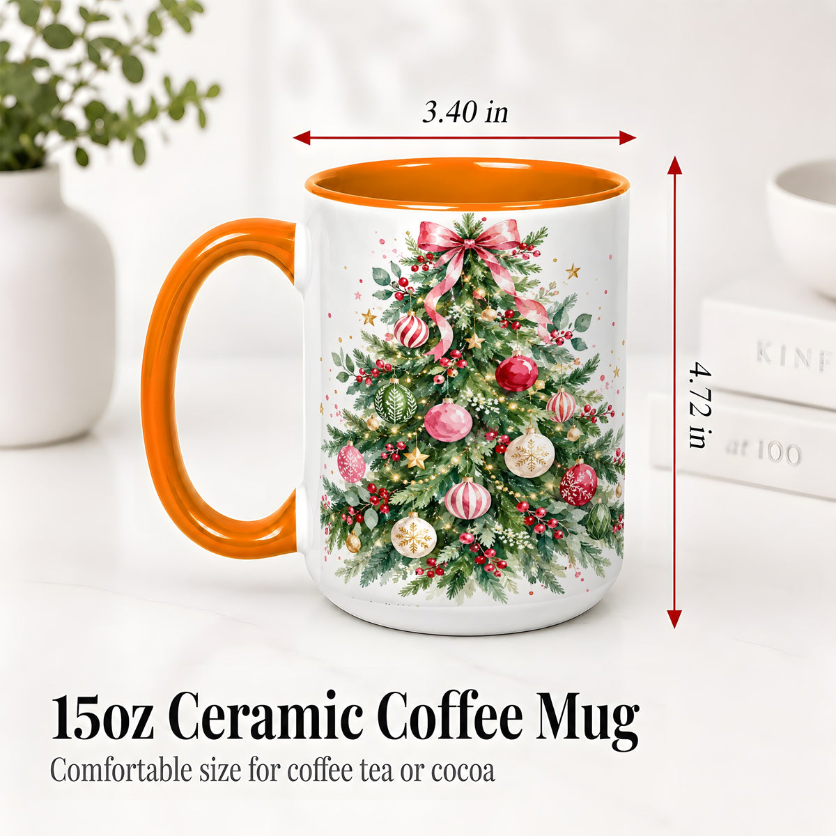 #pl[15oz|Orange] Watercolor Christmas Tree Ceramic Mug, Pink Bow Holiday Artwork