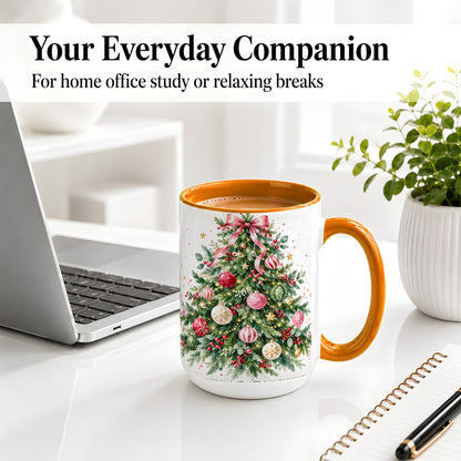 #pl[15oz|Orange] Watercolor Christmas Tree Ceramic Mug, Pink Bow Holiday Artwork