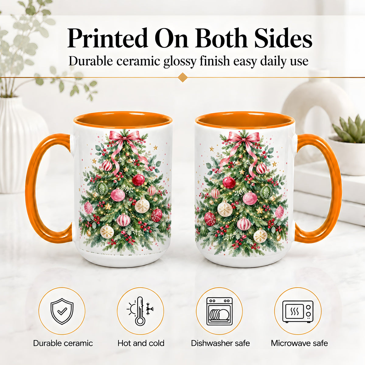 #pl[15oz|Orange] Watercolor Christmas Tree Ceramic Mug, Pink Bow Holiday Artwork