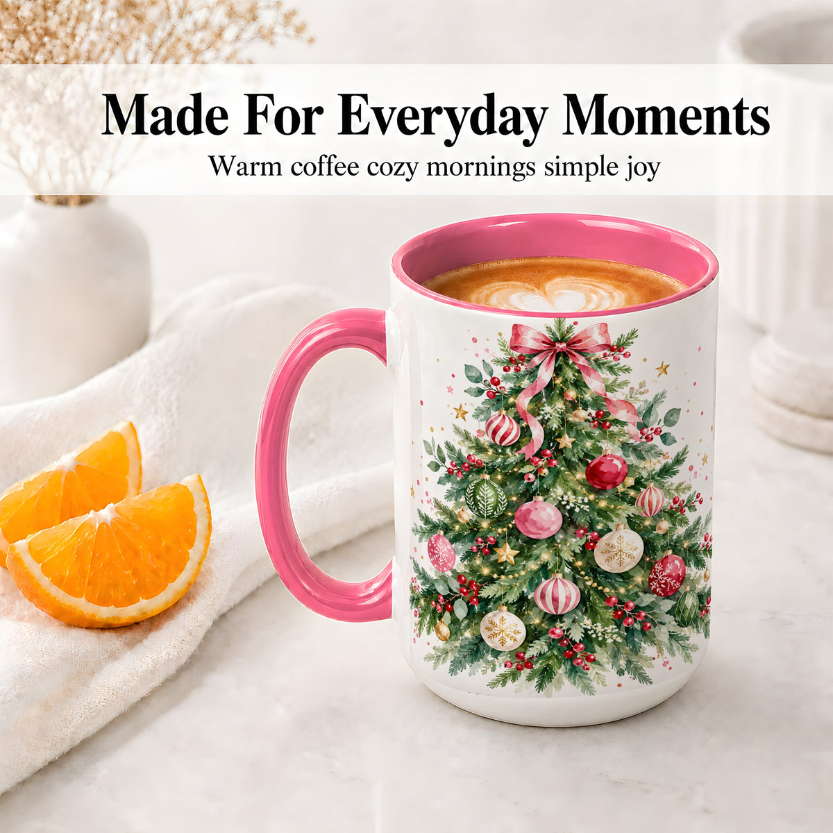 #pl[15oz|Pink] Watercolor Christmas Tree Ceramic Mug, Pink Bow Holiday Artwork